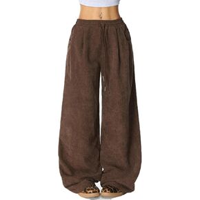 Blostirno Women's Corduroy Wide Leg Pants Casual Elastic Waist with Drawstring Barrel Palazzo Comfy Baggy Trousers Loose Fit in Kuwait