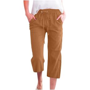 Capris Pants for Women Cotton Linen Casual Summer 2026 Straight Wide Leg Loose Drawstring Elastic Waist Cropped Trouser in Kuwait