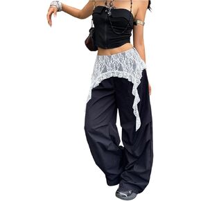 Women's Coquette Lace Trim Ribbon Wide Leg Pants High Waisted Baggy Trousers Y2k Casual Pants in Kuwait