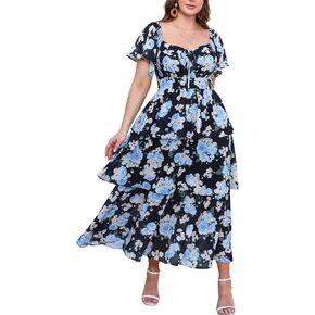 فساتين صيفية بمقاسات كبيرة للنساء فستان زفاف بدون أكتاف مزين بالزهور وخصر متدرج وكشكش كاجوال على الشاطئ in Kuwait