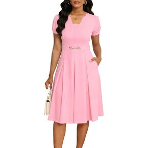 Elainone Short Sleeve Fit and Flare Dress for Women with Pockets A Line Casual Church Wedding Guest Semi Formal Work Dresses in Kuwait