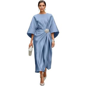 RYANTH Satin Tea Length Mother of The Bride Dresses for Women Half Sleeve Pleated A Line Formal Wedding Guest Dress in Kuwait