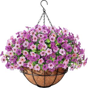Artificial Fake Hanging Flowers Plants Basket Outdoors, Faux Silk UV Resistant Look Real Daisy Eucalyptus for Spring Summer Garden Porch Home Patio Balcony Yard Decorations, Multicolor in Kuwait