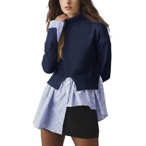 Wyeysyt Turtleneck Sweater Women Asymmetrical Tops 2 in 1 Slit Patchwork Pullover Buttons Down Striped Shirt Top in Kuwait