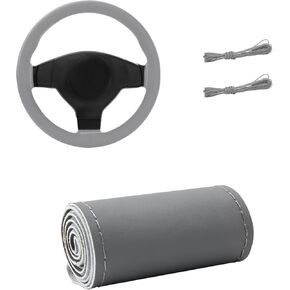 Genuine Leather Steering Wheel Cover, 15 Inch Stitch on Steering Wheel Protector with Needle & Thread, Anti-Slip DIY Sewing Wheels Wrap for Most Vehicles (Black, Glossy) in Kuwait