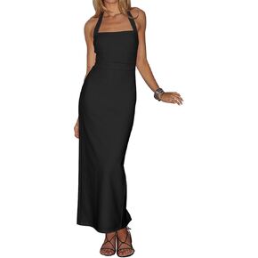 Nadia FRAC Women's Halter Backless Square Neck Back Slit Maxi Dress Elegant Tube Side Pleats Long Dresses in Kuwait