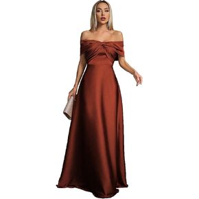 Women's Off The Shoulder Satin Maxi Dress, Elegant Twist Front Ruched Formal Evening Gown for Party in Kuwait