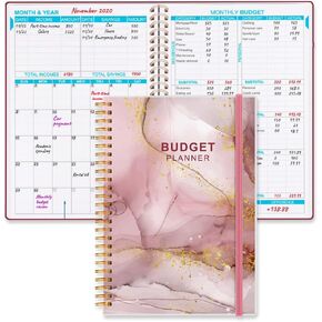 مخطط الميزانية - كتاب الميزانية الشهرية مع دفتر تعقب النفقات، منظم فاتورة غير مؤرخ لمدة 12 شهرًا ومخطط مالي لإدارة أموالك، دفتر حساب مع علامات تبويب ملونة، 5.8 بوصة × 8.5 بوصة، ألوان مائية وردية in Kuwait