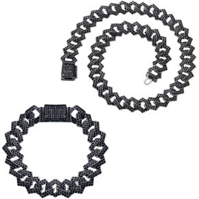 2 PCS Black Cuban Link Chain Iced Out Cuban Diamond Chain Necklace Bracelet Hip Hop Jewelry for Men Women in Kuwait