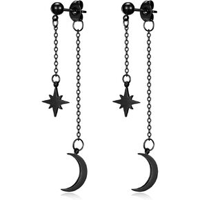Moon Star Dangle Earrings for Women Dangly Chain Earring - Hypoallergenic Stainless Steel Unique Celestial Dangling Jewelry Silver Gold Black & Rainbow Boho Accessories in Kuwait