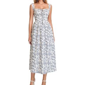 GLNEGE Womens Floral Corset Midi Dress Summer Flowy Wedding Guest Dresses Lace Smocked Back Tea Party Long Sundress in Kuwait