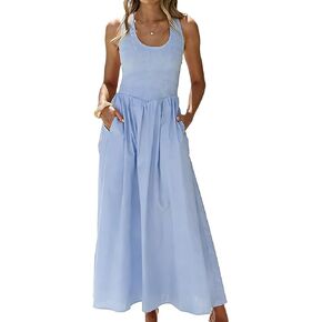 Womens Casual Boho Maxi Tank Sun Dress Summer Smocked Beach Vacation Wedding Guest Long Flowy Sundress in Kuwait