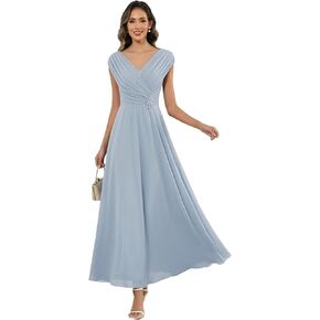 Tea Length Chiffon Mother of the Bride Dresses V-Neck Cap Sleeve Pleated Wedding Guest Dresses for Women Formal in Kuwait