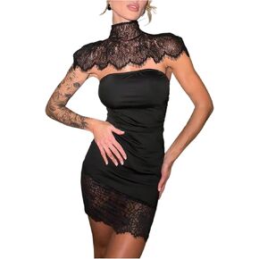 NRTHYE Womens Lace Patchwork Mini Dress Sexy Wrap Turtleneck Strapless Shawl Bodycon Elegant Cocktail Party Dresses in Kuwait