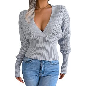 TYQQU Oversized Sweaters for Women Sexy Cross V Neck Sweaters Solid Long Sleeve Striped Sweater Slim Fit Sweater in Kuwait