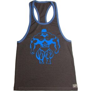 Crazee Wear Men's Workout Bodybuilding Stringer Gym Fitness Tank Top Charcoal/Blue Trim with Blue Mega Muscle Man in Kuwait