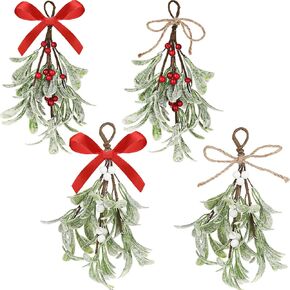 4 Pcs Christmas Mistletoe Decor Artificial Mistletoe Ornament 10 Inch Frosted Mistletoe Hanging Decorations Kissing Ball with Bow for Doorway Home Xmas Tree in Kuwait