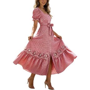 utcoco Dresses for Women Puff Short Sleeve Button Down 3D Flower Ruffle Plaid Maxi Shirt Dress in Kuwait