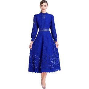 LAI MENG FIVE CATS Women's Puff Long Sleeve Crew Neck Hollow A Line Empire Waist Cocktail Flowy Maxi Dress in Kuwait