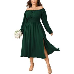 Plus Size Maxi Fall Wedding Guest Dress for Curvy Women Long Sleeve Smocked Formal Cocktail Party Dresses Slit in Kuwait