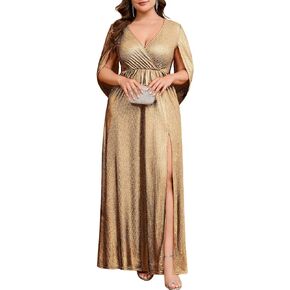 فستان CYCLAMEN طويل رسمي لامع بمقاس كبير وأكمام على شكل حرف V وفتحة جانبية وحفلات الكوكتيل وحفلات الزفاف وحفلات السهرة، ذهبي وأسود، 3X in Kuwait