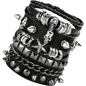 مجموعة أساور قوطية مكونة من 4 قطع للرجال والنساء، أساور جلدية مرصعة بأحجار البانك روك، ملابس الروك في الثمانينيات للرجال والنساء، مجوهرات الروك الرجعية للجنسين in Kuwait