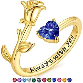 M MOOHAM Easter Gifts for Girls Kids Easter Basket Stuffers - Adjustable 14K Gold Plated Heart Birthstone Ring Dainty Rose Rings Non Tarnish Birthstone Jewelry Birthday Gifts for Women Teen Girls in Kuwait