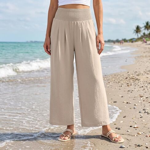 Womens Casual Linen Pants Wide Leg High Waisted Palazzo Pants Summer Beach Lounge Loose Trousers with Pockets in Saudi Arabia