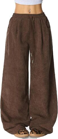 Blostirno Women's Corduroy Wide Leg Pants Casual Elastic Waist with Drawstring Barrel Palazzo Comfy Baggy Trousers Loose Fit in Kuwait