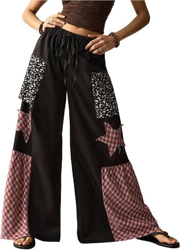 Women's Wide Leg Palazzo Pants Vintange Plaid Patchwork Baggy Pants Star Tie Front Loose Loose Elastic Waist Pants in Saudi Arabia