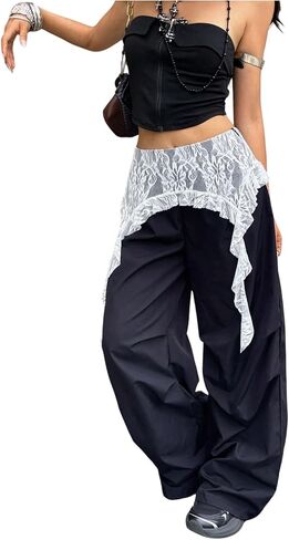 Women's Coquette Lace Trim Ribbon Wide Leg Pants High Waisted Baggy Trousers Y2k Casual Pants in Kuwait