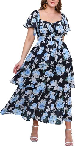 فساتين صيفية بمقاسات كبيرة للنساء فستان زفاف بدون أكتاف مزين بالزهور وخصر متدرج وكشكش كاجوال على الشاطئ in Kuwait