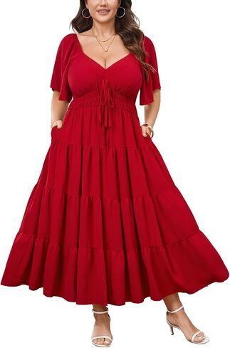 Plus Size Casual Summer Boho Maxi Dress for Curvy Women Short Sleeve Tiered Flowy A-line Long Dress with Pockets in Kuwait