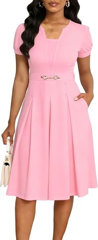 Elainone Short Sleeve Fit and Flare Dress for Women with Pockets A Line Casual Church Wedding Guest Semi Formal Work Dresses in Kuwait