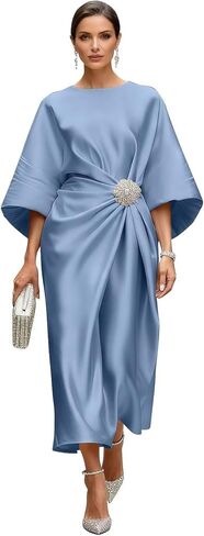 RYANTH Satin Tea Length Mother of The Bride Dresses for Women Half Sleeve Pleated A Line Formal Wedding Guest Dress in Kuwait