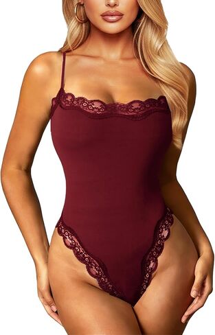 Navneet Women Lace Bodysuit Sexy Square Neck Sleeveless Cami Spaghetti Strap Thong Bodysuit Backless Body Suits Tops Leotard in Kuwait