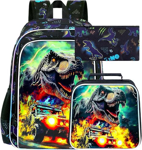 UFNDC 3PCS School Dinosaur Off-road Backpack, Boys Bookbag with Lunch Box, Water Resistant Kids Bag for Elementary Preschool Toddler in Kuwait