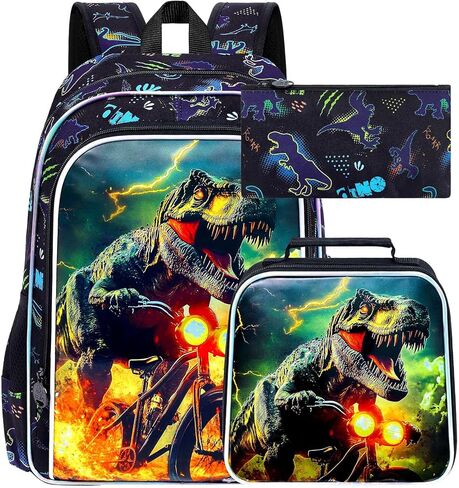 UFNDC 3PCS School Dinosaur Off-road Backpack, Boys Bookbag with Lunch Box, Water Resistant Kids Bag for Elementary Preschool Toddler in Saudi Arabia
