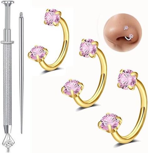 QWALIT 18g Gold Horseshoe Nose Ring for Women Surgical Steel Double Stud Gem Horse Shoe Nose Piercing Jewelry Half U Nostril Hoop Pink Labret Helix Daith Cartilage Piercing Jewelry 18gauge 6 7 8mm in Kuwait