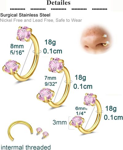 QWALIT 18g Gold Horseshoe Nose Ring for Women Surgical Steel Double Stud Gem Horse Shoe Nose Piercing Jewelry Half U Nostril Hoop Pink Labret Helix Daith Cartilage Piercing Jewelry 18gauge 6 7 8mm in Kuwait