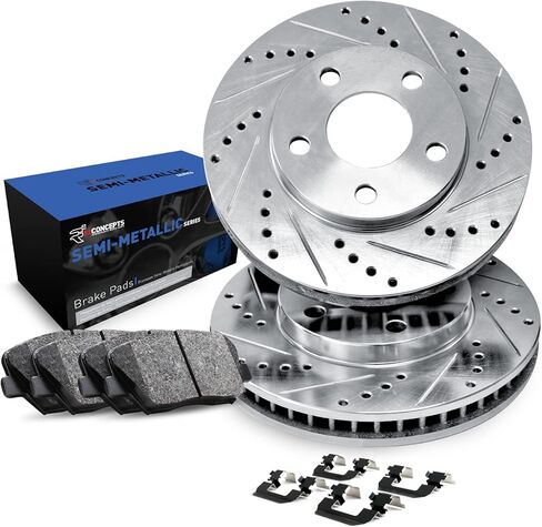 R1 Concepts Front Brake Kit For 2009-2014 Honda Fit| Drilled Slotted Brake Rotors| Optimum OEP Brake Pads and Rotors Kit| Hardware included in Saudi Arabia