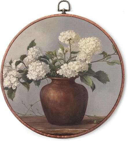 Vintage Flower Round Wall Art Decor, Hydrangeas in Retro Vase Framed Art, Neutral Tone Vintage Botanical Floral Print Canvas Wall Art, Round Hanging Decor for Bedroom Home Living Room, 10x10" -A09 in Saudi Arabia