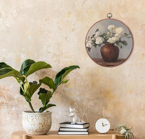 Vintage Flower Round Wall Art Decor, Hydrangeas in Retro Vase Framed Art, Neutral Tone Vintage Botanical Floral Print Canvas Wall Art, Round Hanging Decor for Bedroom Home Living Room, 10x10" -A09 in Saudi Arabia