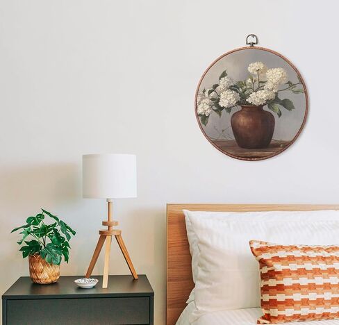 Vintage Flower Round Wall Art Decor, Hydrangeas in Retro Vase Framed Art, Neutral Tone Vintage Botanical Floral Print Canvas Wall Art, Round Hanging Decor for Bedroom Home Living Room, 10x10" -A09 in Saudi Arabia