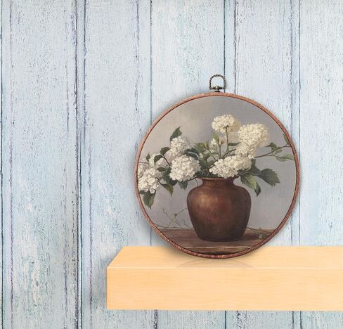 Vintage Flower Round Wall Art Decor, Hydrangeas in Retro Vase Framed Art, Neutral Tone Vintage Botanical Floral Print Canvas Wall Art, Round Hanging Decor for Bedroom Home Living Room, 10x10" -A09 in Saudi Arabia
