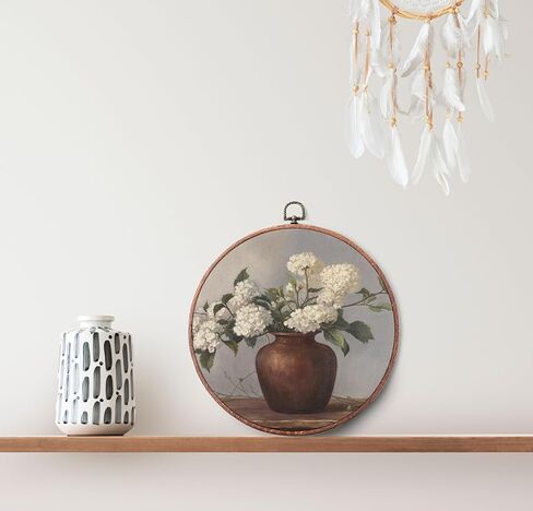 Vintage Flower Round Wall Art Decor, Hydrangeas in Retro Vase Framed Art, Neutral Tone Vintage Botanical Floral Print Canvas Wall Art, Round Hanging Decor for Bedroom Home Living Room, 10x10" -A09 in Saudi Arabia