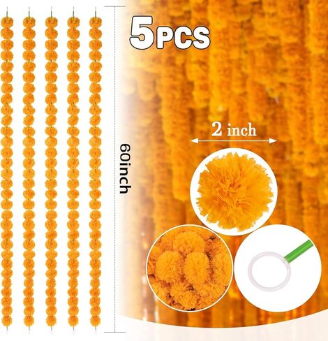Artificial Marigold Garland for Decoration – 5 Pcs Artificial Genda Phool Strings | 4.5 Ft Long Handmade Yellow Marigold Flowers | Toran for Pooja, Wedding, Diwali, Christmas, Festival & Event Décor in Saudi Arabia