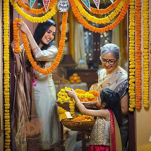 Artificial Marigold Garland for Decoration – 5 Pcs Artificial Genda Phool Strings | 4.5 Ft Long Handmade Yellow Marigold Flowers | Toran for Pooja, Wedding, Diwali, Christmas, Festival & Event Décor in Saudi Arabia