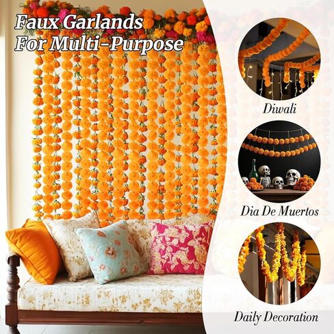 Artificial Marigold Garland for Decoration – 5 Pcs Artificial Genda Phool Strings | 4.5 Ft Long Handmade Yellow Marigold Flowers | Toran for Pooja, Wedding, Diwali, Christmas, Festival & Event Décor in Saudi Arabia