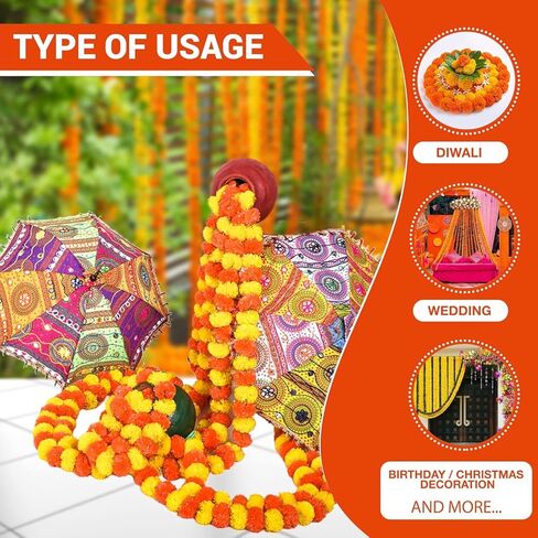 Artificial Marigold Garland for Decoration – 5 Pcs Artificial Genda Phool Strings | 4.5 Ft Long Handmade Yellow Marigold Flowers | Toran for Pooja, Wedding, Diwali, Christmas, Festival & Event Décor in Saudi Arabia